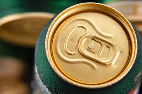 Chilled beer can covered with drops of water condensate Stock Photos