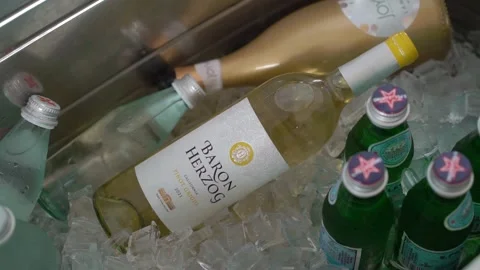 Chilled Drinks in Ice Including White Wine and Sparkling Water Bottles Stock Footage 290848156