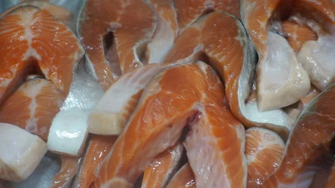 Chilled red fish steaks on a store counter. Stock Footage 129845696