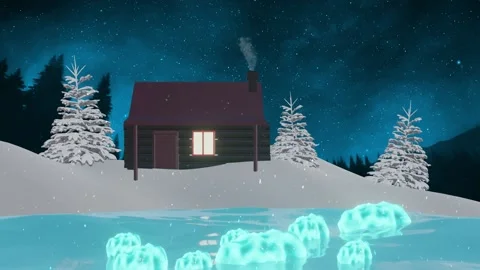 Chilled Snowy Winter Log Cabin: Lofi Animation Stock Footage