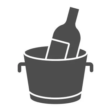 Chilled wine in bucket solid icon. Alcohol drink bottle in ice cooler glyph 스톡 일러스트