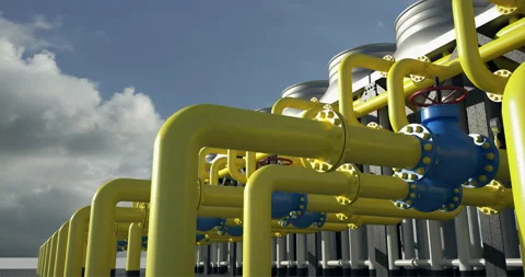 Chiller cooling system at the compressor station. Heat exchanger in which air Stock Footage 164370210