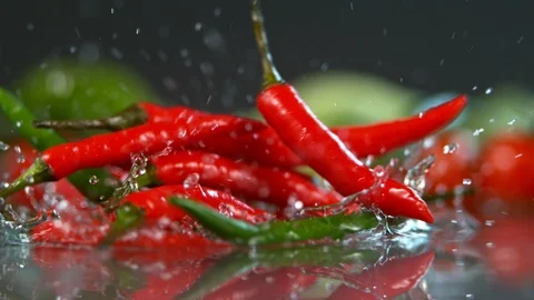 Chilli falling to water in super slow motion, shot with high speed cinema camera Stock Footage 101300731