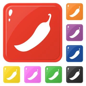 Chilli icons set 8 colors isolated on white. Collection of glossy square colo Stock Illustration