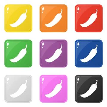 Chilli icons set 9 colors isolated on white. Collection of glossy square colo Stock Illustration