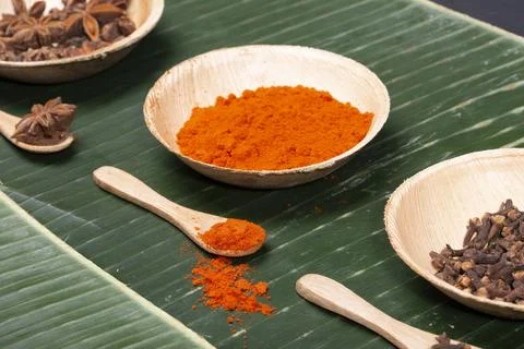 Chilli pepper and assorted spices on banana leaf. Stock Photos