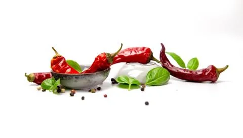 Chilli pepper and basil leaves still life isolated on white backgroun 写真素材