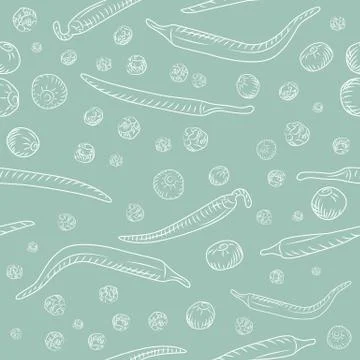 Chilli pepper and black pepper seamless pattern. Engraving vintage style. Stock Illustration