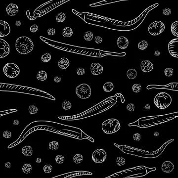 Chilli pepper and black pepper seamless pattern on blackboard. 스톡 일러스트