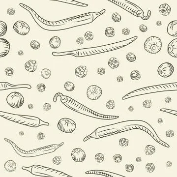 Chilli pepper and black pepper seamless pattern. Engraving vintage style. 스톡 일러스트