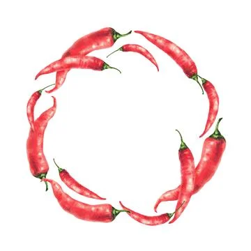Chilli pepper circle frame. Hot red whole pods vegetable wreath. Watercolor.. Stock-Illustration