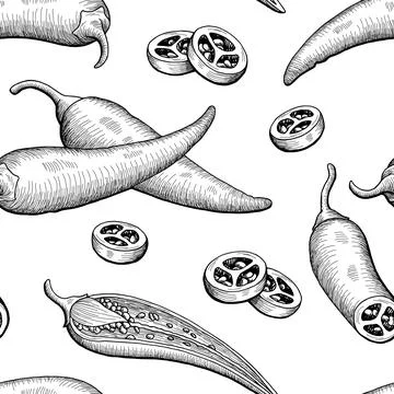 Chilli pepper graphic black white sketch seamless pattern illustration vector Stock Illustration