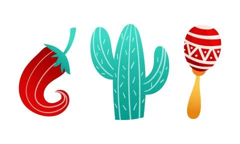 Chilli Pepper, Maraca Rattle and Prickly Cactus as Mexican Symbol Vector Set Stock Illustration