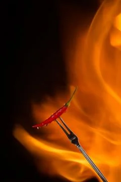 Chilli pepper on meat fork with flame behind on black background Foto stock