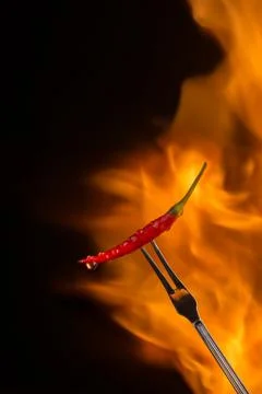 Chilli pepper on meat fork with flame behind on black background Stock Photos