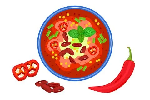 Chilli soup isolated on white background. Spicy meat stew with bean in a bowl. Stock Illustration