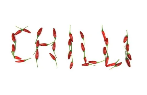 Chilli word made from red chilli peppers on white background. Stock Photos