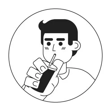 Chilling caucasian guy drinking through straw bw 2D vector avatar illustration Stock Illustration