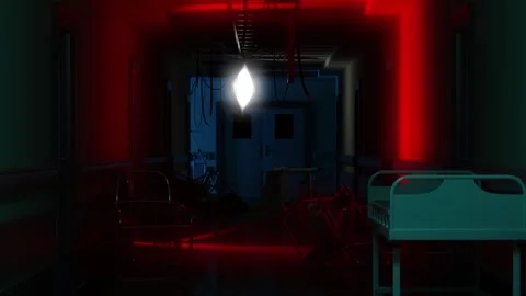 Chilling motion through an abandoned psychiatric hallway, overturned beds, .. Stock-Footage 252065096