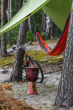 Chilling setup with hammock in forest, bicycle and small African hand drum Stock Photos
