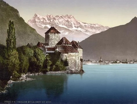 Chillon Castle and Dent du Midi, Lake Geneva, Switzerland, Historic, digitally Stock Illustration