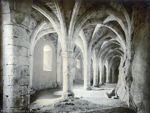 Chillon Castle, interior, Bonivard's Prison, Geneva Lake, Switzerland, Historic, Ilustración de archivo