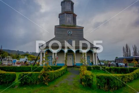 CHILOE, CHILE - SEPTEMBER, 27, 2018: Outdoor view of historic church of Nercon Stock Photos