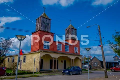 CHILOE, CHILE - SEPTEMBER, 27, 2018: Outdoor view of facade of Church located on Stock Photos