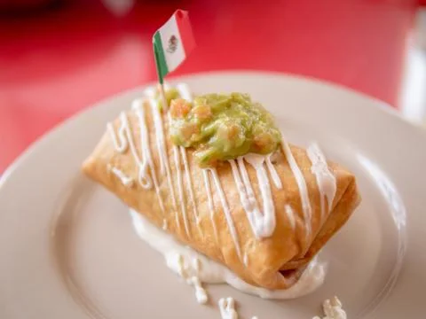 Chimichanga with Guacamole and Mexican Flag Stock Photos