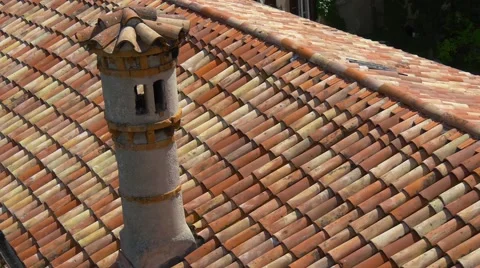 Chimney and red tiles on Duino castle rooftop Stock Footage 68347211