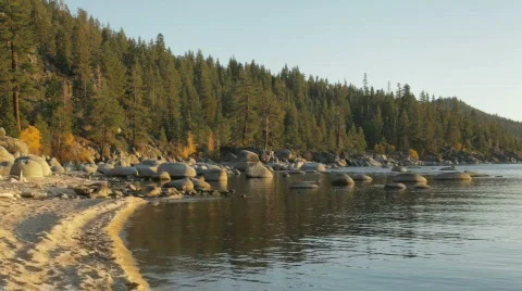 Chimney Beach, Lake Tahoe, at sunset Stock Footage