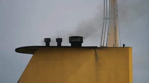 Chimney of cargo container ship with smoke closeup Stock Footage 241303305