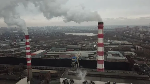 Chimney in the city, view from the flying camera Stock Footage 142673745