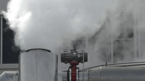 Chimney industrial or stack exhaling pollution smoke in industrial plant Stock Footage 85289790