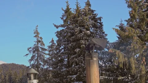 Chimney on mountain cabin in winter Stock Footage 87220408