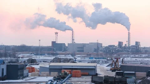 Chimney smoking stack on sunrise. Air pollution and climate change theme. Video stock 86699671