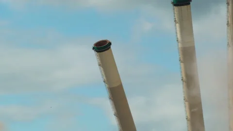 Chimney stack fall controlled demolition super slow motion Video stock 131163718