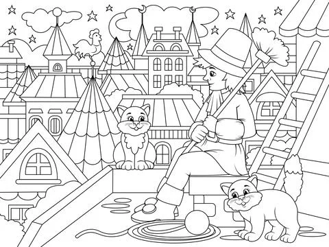 Chimney sweep at work. City, roofs of city houses and a cat. Children coloring Stock Illustration