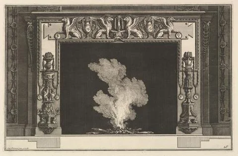 Chimneypiece: Affronted griffons on the lintel and candelabra on the jambs .. Stock Photos