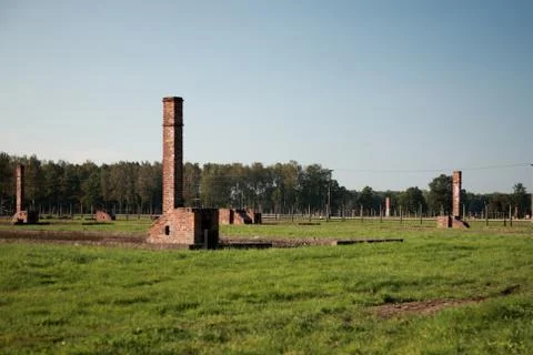 Chimneys at auschwitz concentration camp Stock Photos