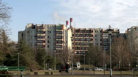 Chimneys behind buildings, air pollution Video stock 10710102