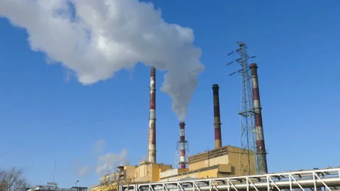 Chimneys Of Power Plant With Huge Smoke. Air Pollution Concept. Stock Footage 90476653