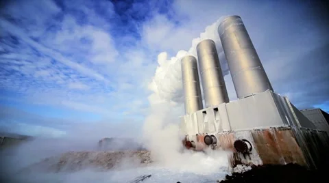 Chimneys & Steam at Geothermal Power Plant Stock Footage