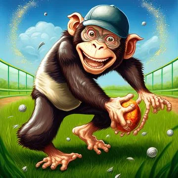 The chimpanzee is playing the baseball in the field Stock Illustration