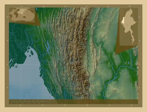 Chin, Myanmar. Colored elevation map with lakes and rivers Stock Illustration