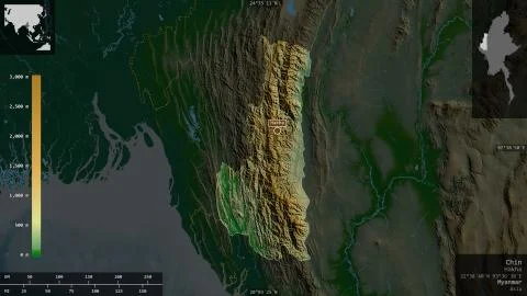 Chin, Myanmar. Colored shader data with lakes and rivers Stock Illustration