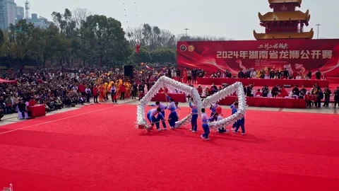 China 1th 2024: Dragon Dance  national intangible cultural heritage performance Stock Footage 324813141