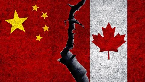 China and Canada painted flags on a wall with a crack Stock Illustration