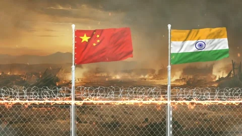 China and india flags waving behind barbed wire fence in war zone battlefie.. Stockbeeldmateriaal 341618407