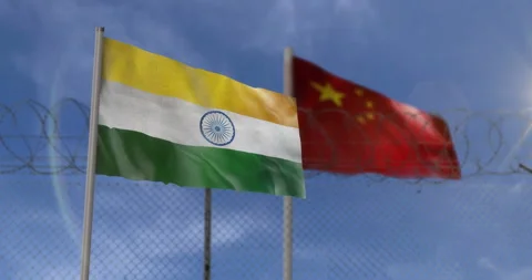 China and India waving flags with barbed wire border Stock Footage 324951396